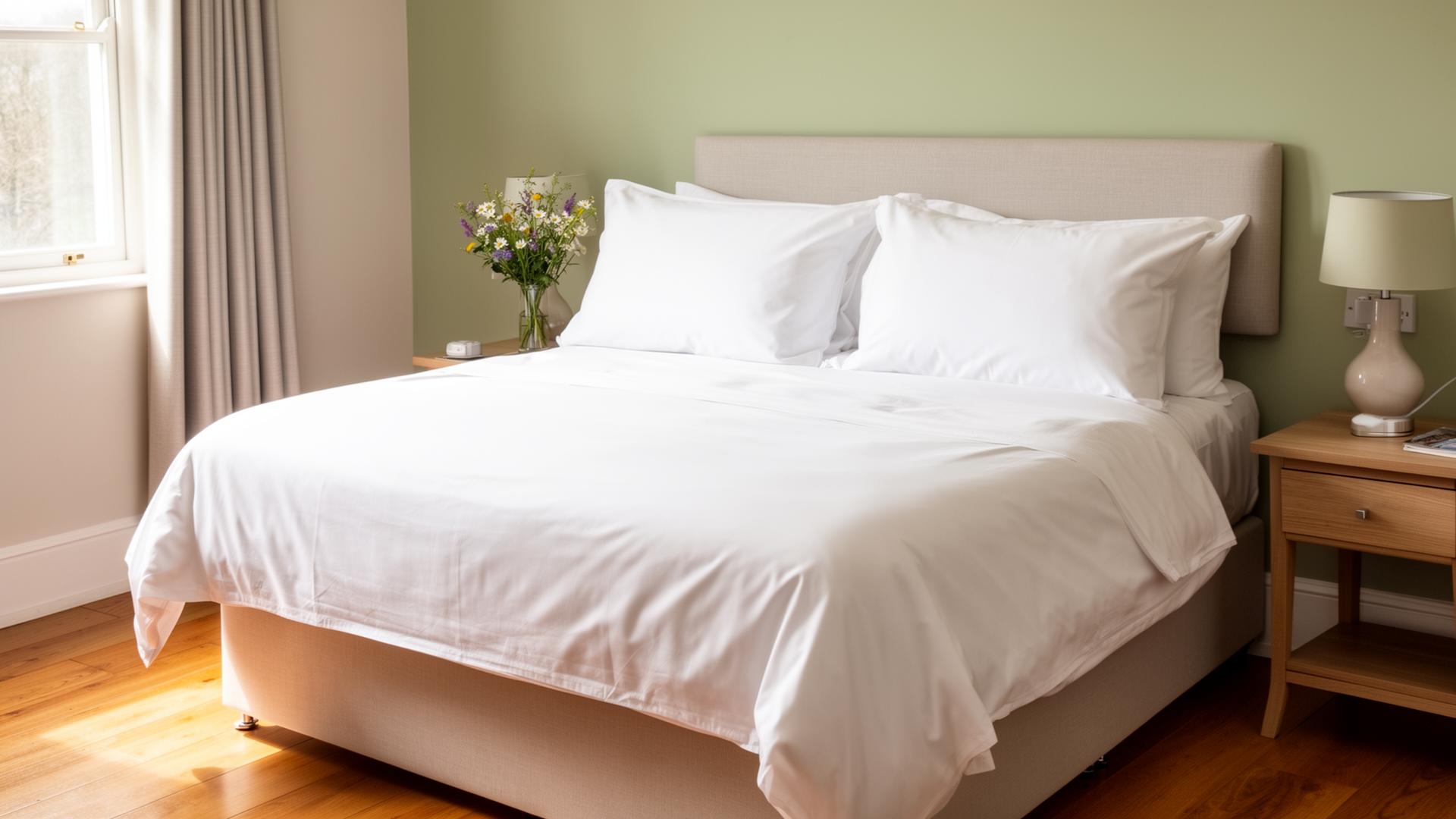A pristine, freshly made holiday-let bedroom with crisp white linens